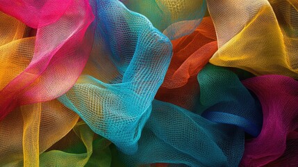 Wall Mural - Colorful translucent fish net fabric creating a vibrant textured background for creative design and artistic purposes