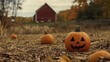 © GenZGraphics - Pumpkin patch during autumn season featuring a smiling jack-o-lantern on a rustic farm setting with a red barn in the background