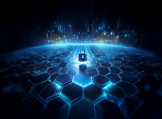 Poster - A glowing blue padlock sits atop a futuristic hexagonal grid, representing digital security and global protection.  The background suggests a vast, interconnected network.