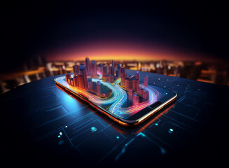 Poster - A futuristic cityscape model rests on a smartphone, representing smart city technology and digital urban planning.  Glowing roads and buildings highlight technological integration.