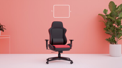 Wall Mural - RAM and Gaming. A sleek gaming chair in black and red sits against a pastel pink wall, complemented by a green plant, creating a modern workspace aesthetic.