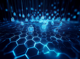 Poster - Abstract digital illustration depicting a network security system.  Blue glowing hexagons and padlock icons symbolize data protection and online safety.