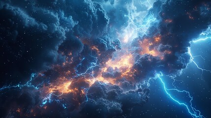 Wall Mural - This photo depicts a striking lightning abstract image of a black background illuminated by multiple lightning strikes