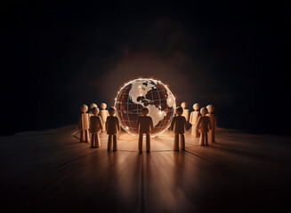 Poster - Glowing globe encircled by small wooden figures, symbolizing global connection and community in the darkness.