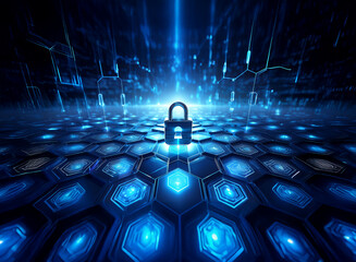 Aufkleber - A glowing blue padlock sits at the center of a hexagonal grid, representing digital security and data protection within a futuristic, technological landscape.  Bright light emanates from the backgroun