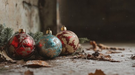 Sticker - Rustic Christmas baubles surrounded by autumn leaves and greenery in a vintage setting with a cozy atmosphere and soft natural light