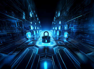 Aufkleber - A glowing blue digital pathway lined with security locks leads to a central, large padlock.  This symbolizes cybersecurity, data protection, and digital security.