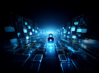 Poster - Abstract digital landscape of glowing blue padlocks receding into a bright horizon, symbolizing cybersecurity and data protection.