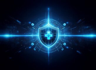 Aufkleber - A glowing blue digital shield, featuring a cross at its center, is displayed against a dark technological backdrop.  This symbolizes digital health security and protection.