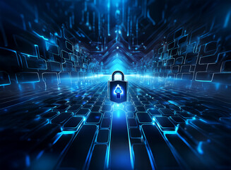 Poster - A glowing blue digital tunnel leads to a central padlock, symbolizing cybersecurity and data protection.  The futuristic design emphasizes digital security.