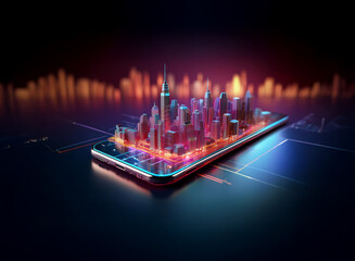 Poster - A vibrant, futuristic cityscape miniature rests on a sleek smartphone, symbolizing mobile technology's connection to urban life and global accessibility.  The scene is illuminated with neon glows.