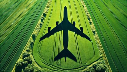 shadow airplane flying above green field
