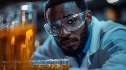 Wall Mural - african american male scientist examining samples in a laboratory setting.