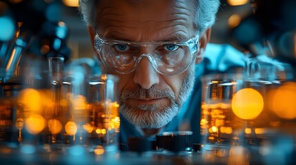 Wall Mural - focused scientist examining chemical substances in a lab with a serious expression.