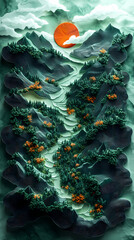 Forest, green, brown, multidimensional paper illustration on light green background, 3D relief.