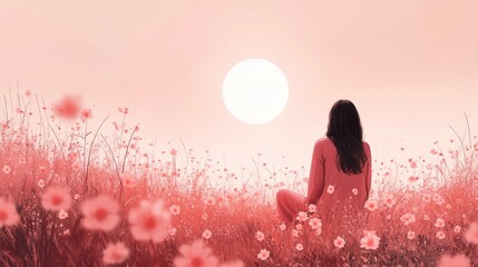 Wall Mural - a woman sits in a field of flowers, gazing at the sun in the distance, with a soft pink sky behind h