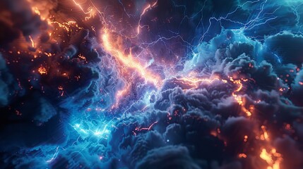 Wall Mural - This photo depicts a striking lightning abstract image of a black background illuminated by multiple lightning strikes
