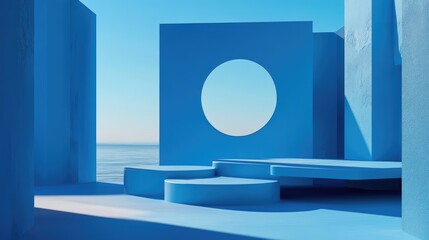 Wall Mural - abstract coastal landscape featuring geometric structures in various shades of blue against a tranqu