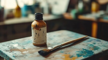 Wall Mural - Bottle of paint and dirty brush on a table suggesting ongoing painting activity in a creative workspace with artistic ambiance