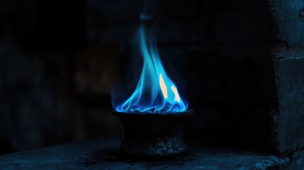 Wall Mural - blue flames of a gas burner illuminating darkness with a captivating glow against a rustic backgroun