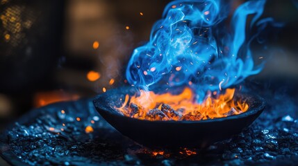Wall Mural - vibrant blue and orange flames dance in a dark bowl creating an enchanting and mystical visual of fi