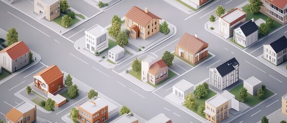 Aerial view of a town with houses, buildings, and streets.