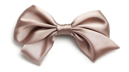 Wall Mural - Beige satin ribbon elegantly tied in a bow on a clean white background for styling and decorative purposes.