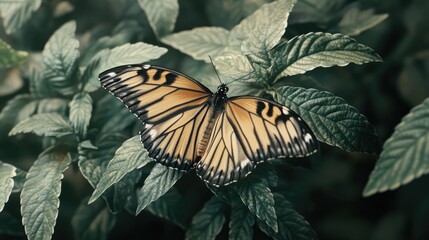 Wall Mural - black veined tiger butterfly danaus melanippus perched on lush green leaves showcasing vibrant orang