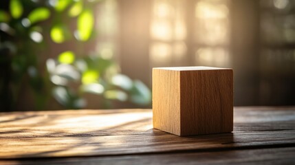 Wall Mural - blank wooden cube block on wooden table illuminated by sunlight with soft shadows and greenery in th
