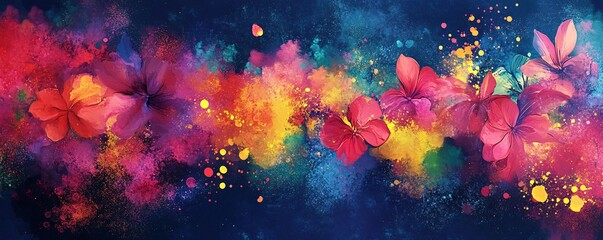 Sophisticated Holi design with color splashes and subtle metallic accents, featuring floral and abstract elements for a joyful, elegant touch