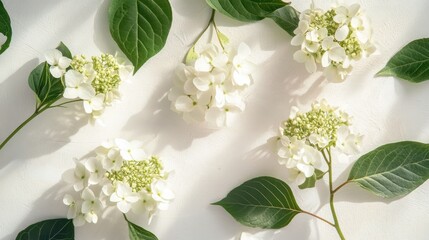 Poster - delicate hydrangea flowers and leaves arranged on a light background showcasing their natural beauty