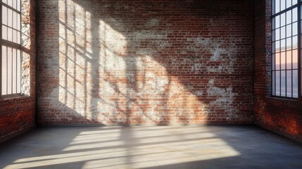 Wall Mural - Industrial studio space featuring a textured brick wall illuminated by natural light casting interesting shadows on a concrete floor.