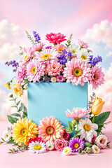 Wall Mural - Vibrant Floral Arrangement with Blue Frame Against Cloudy Sky Backdrop