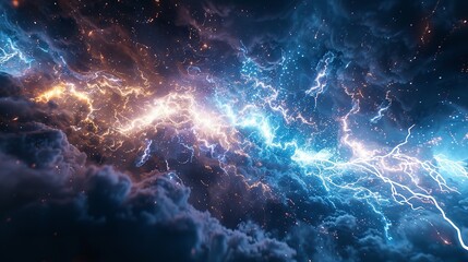 Wall Mural - This photo depicts a striking lightning abstract image of a black background illuminated by multiple lightning strikes