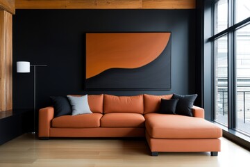 Wall Mural - modern loft decor, modern loft living room featuring a terra cotta sectional sofa and textured wall art, for a cozy and natural vibe