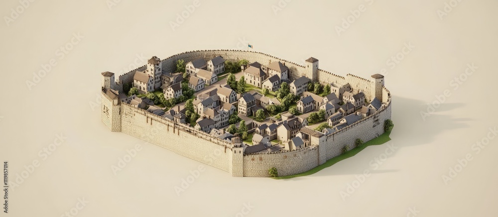 Isometric view of a medieval walled town with houses, trees, and towers ...
