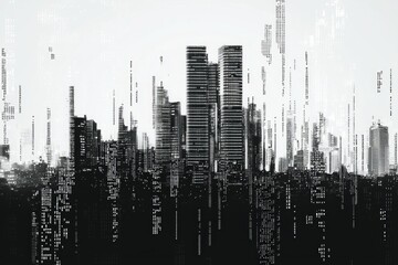 A city skyline in a digital binary code style.
