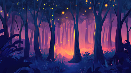 Sticker - Ai generative forest filled with firefly light. Twilight. Illustration