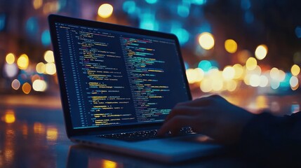 A programmer works on their laptop, surrounded by city lights.