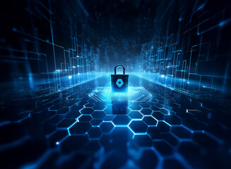 Aufkleber - A glowing blue padlock sits at the center of a futuristic, hexagonal digital landscape.  The scene evokes a sense of secure data protection within a complex technological environment.