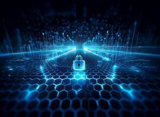 Poster - A glowing blue padlock sits at the center of a hexagonal grid, data streams flowing towards it, representing digital security and data protection.