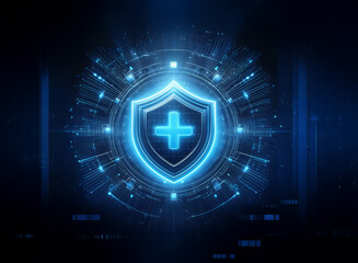 Aufkleber - A glowing blue digital shield with a plus sign at its center, encircled by futuristic technology elements.  This symbolizes digital health security and protection.