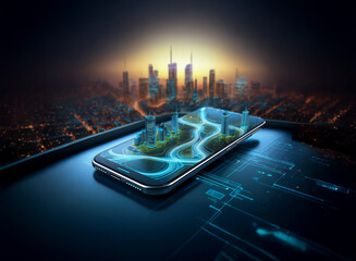 Aufkleber - A futuristic cityscape miniature rests on a smartphone screen, glowing with vibrant energy lines against a backdrop of a real city at dawn.  The scene suggests advanced technology and urban planning.