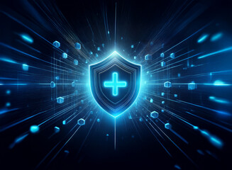 Aufkleber - A glowing blue shield with a plus sign at its center, radiating energy, symbolizes digital protection and health security within a dark, technological background.  The image evokes a sense of safety a