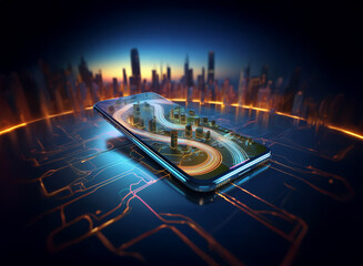 Aufkleber - A futuristic city skyline displayed on a smartphone screen, resting on a glowing circuit board.  The scene evokes innovation and technological advancement.