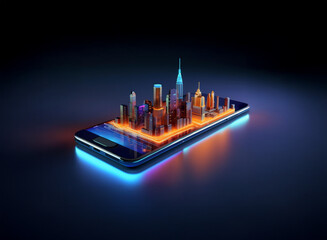 Aufkleber - A vibrant, miniature metropolis sits atop a smartphone, illuminated by neon glow, symbolizing the interconnected modern world.  The scene is dark, emphasizing the digital city's brightness.