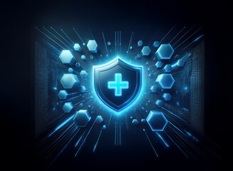 Aufkleber - Glowing blue shield with a plus sign, surrounded by hexagonal particles and radiating lines, symbolizes digital health protection and security.