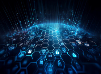 Poster - Abstract digital landscape with glowing blue hexagon grid, showcasing various cybersecurity icons.  Data streams flow into the central network.  Represents digital security and data protection.