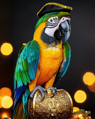 Canvas Print - Petfluencer and celebrities concept. Colorful parrot dressed as a pirate with a treasure chest background