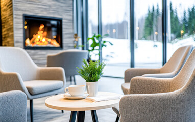 Wall Mural - A cozy living room with a fireplace and a potted plant on a table